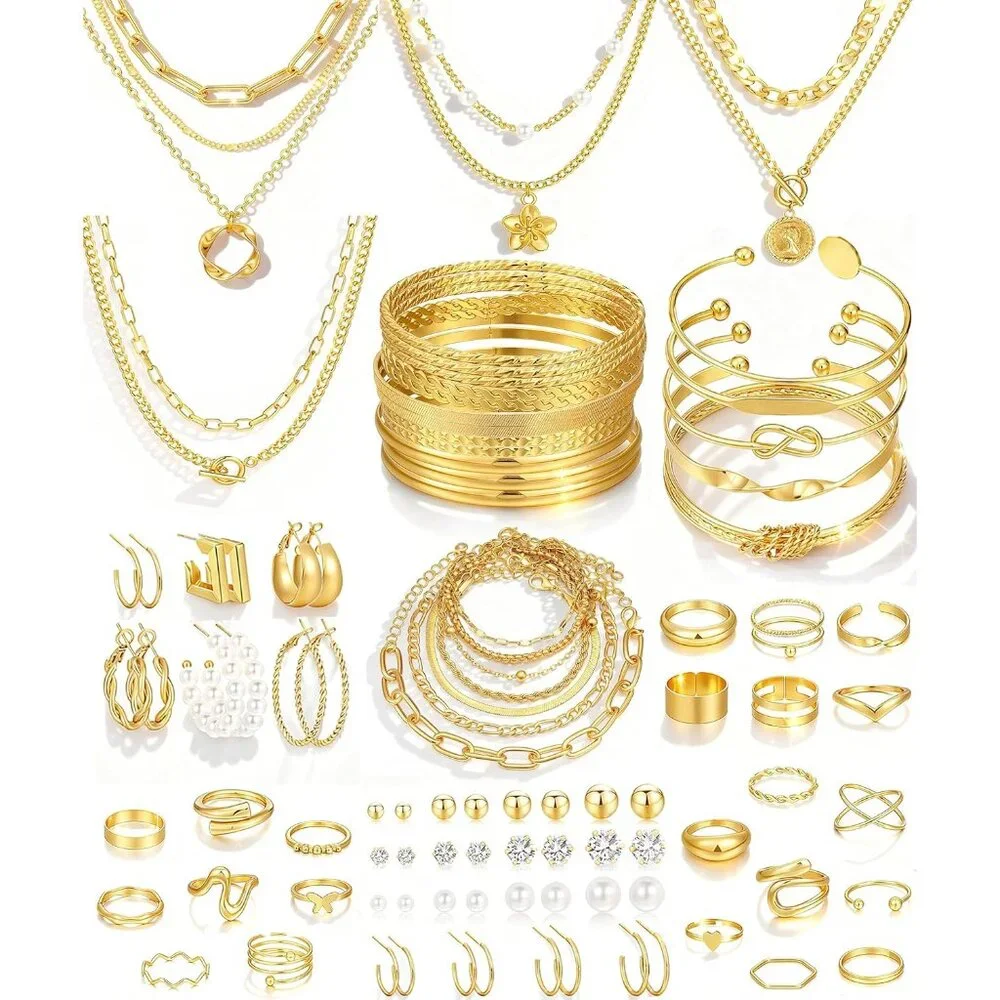 78 Pieces Gold Jewelry Set for Women, 9 Necklace, 24 Bracelet, 22 Earrings, 23 K